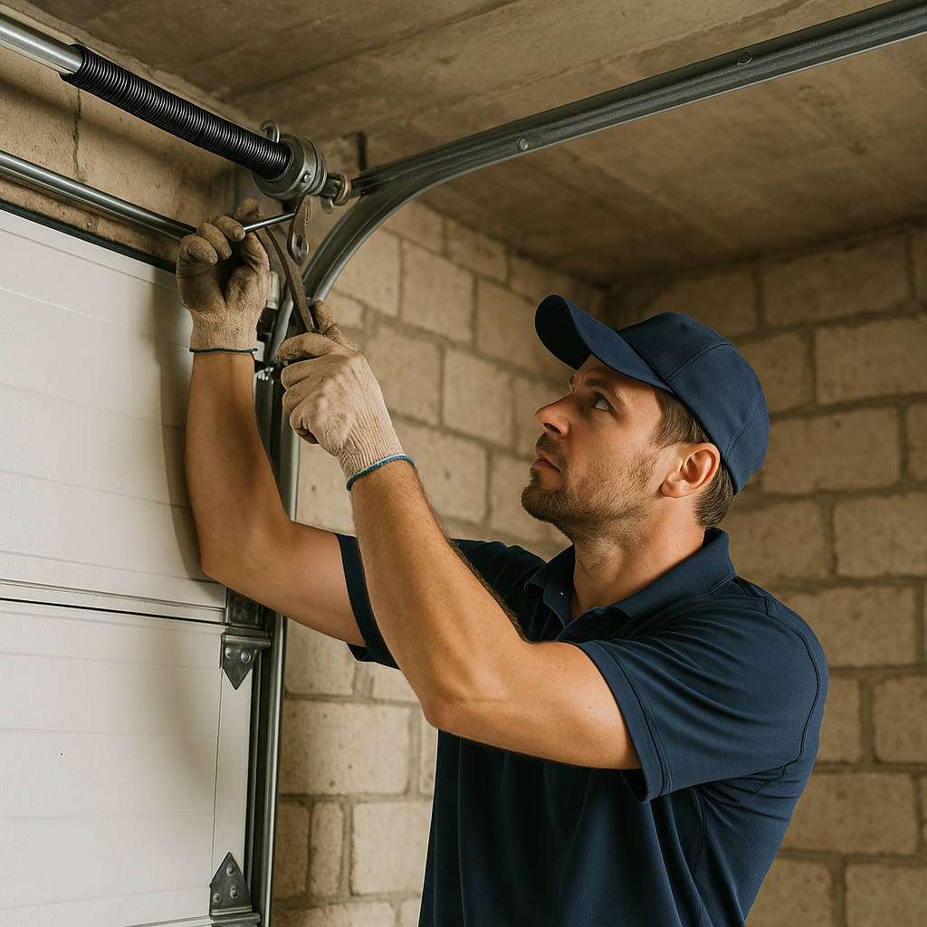 Technician performing garage door repairs for residential customer